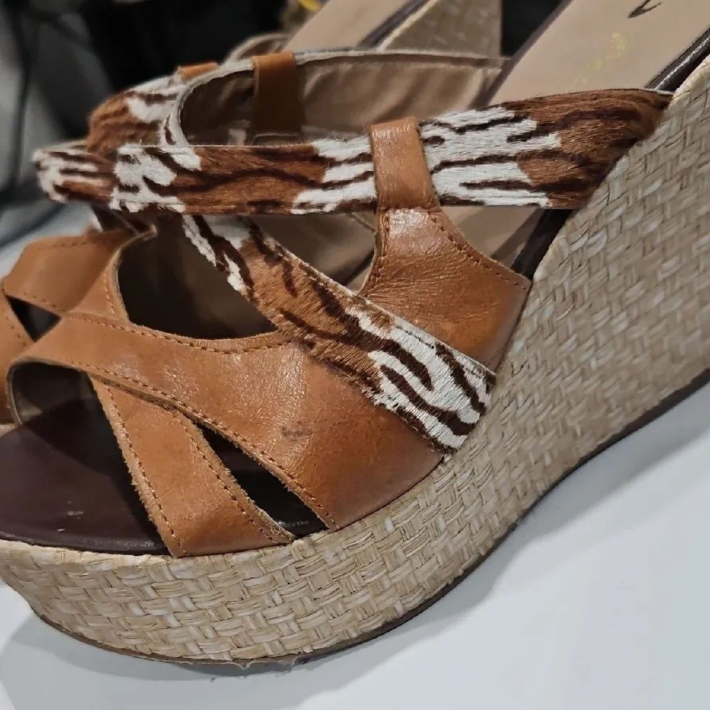 Patterned Brown and Tan Wedge Sandals